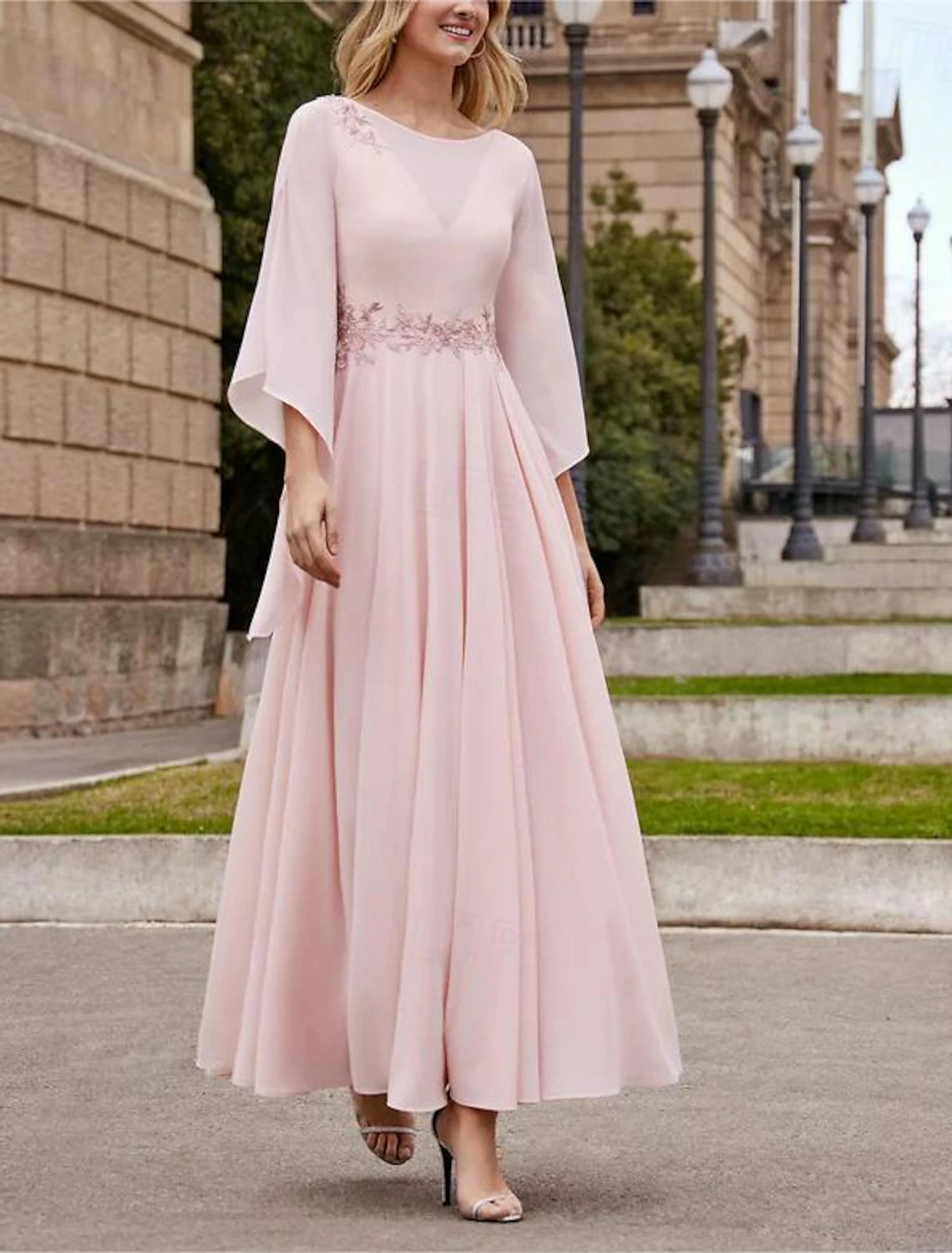 Buyishang A-Line Mother of the Bride Dress Formal Wedding Guest Elegant Bateau Neck Ankle Length Chiffon 3/4 Length Sleeve with Beading Sequin free custom size