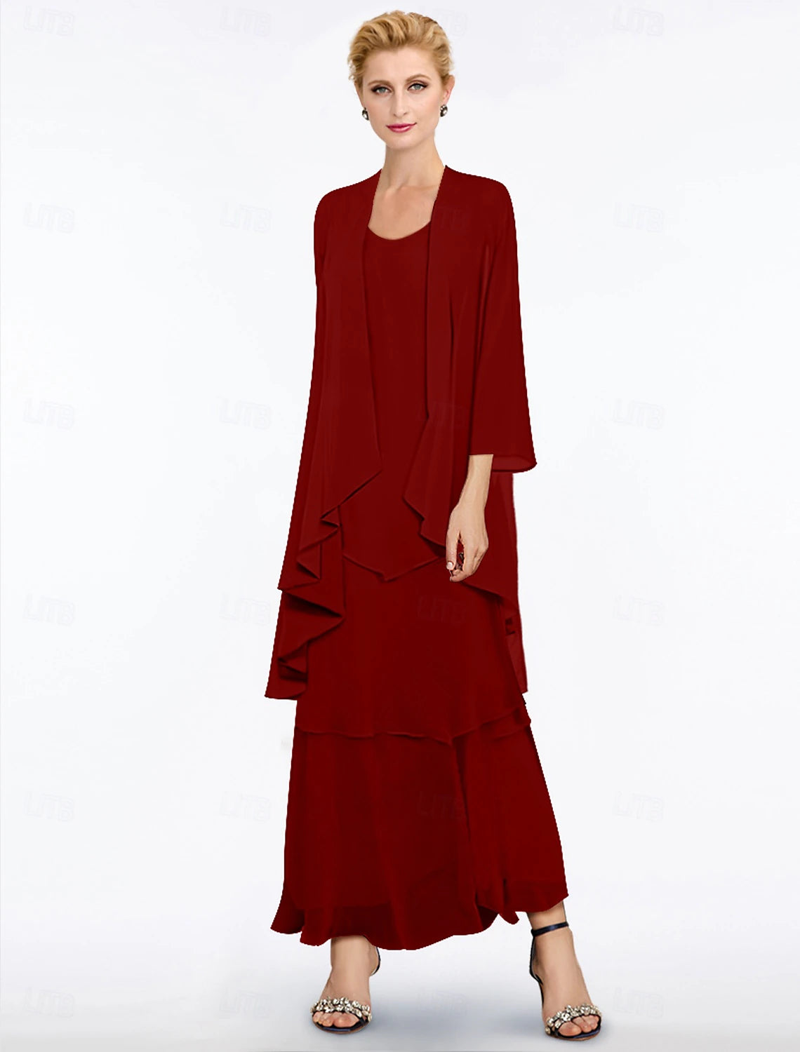 Buyishang Sheath / Column Mother of the Bride Dress Elegant Simple V Neck Ankle Length Chiffon Sleeveless with Tier Solid Color free custom size