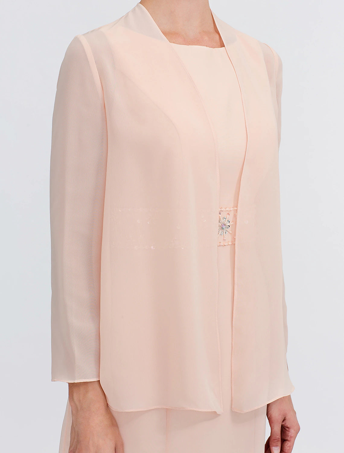 Two Piece Sheath / Column Mother of the Bride Dress Wedding Guest Plus Size Elegant with Jacket Long Sleeve Scoop Neck Tea Length Chiffon Sash / Ribbon Pleats Beading