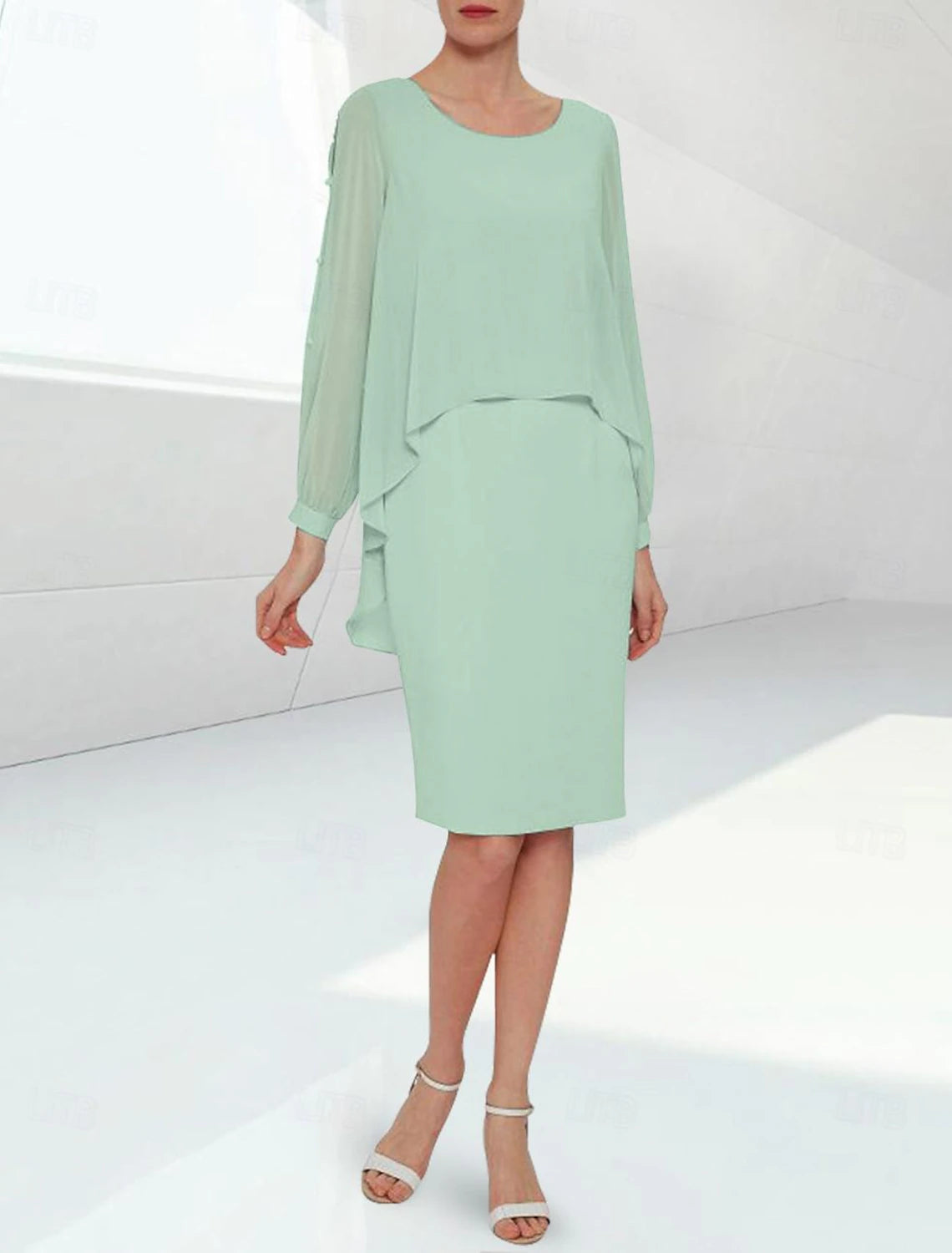 Buyishang Sheath / Column Mother of the Bride Dress Wedding Guest Elegant Jewel Neck Knee Length Chiffon Half Sleeve with Beading free custom size