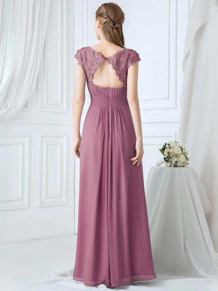 Elegant Lace Cap Sleeve Maxi Long Chiffon Bridesmaid Dress/Evening  Dresses