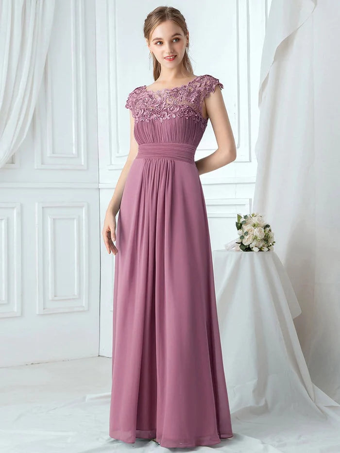 Elegant Lace Cap Sleeve Maxi Long Chiffon Bridesmaid Dress/Evening  Dresses
