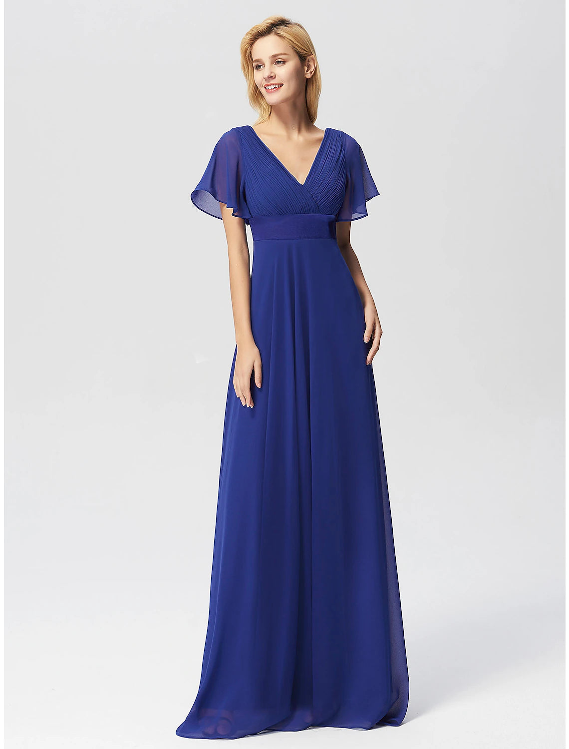 A-Line Empire Fall Wedding Guest Dress For Bridesmaid Plus Size Formal Evening Dress V Neck Short Sleeve Floor Length Chiffon with Pleats Ruched