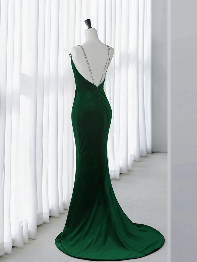 Buyishang Green Mermaid Velvet Long Prom Dress Green Long Evening Dress