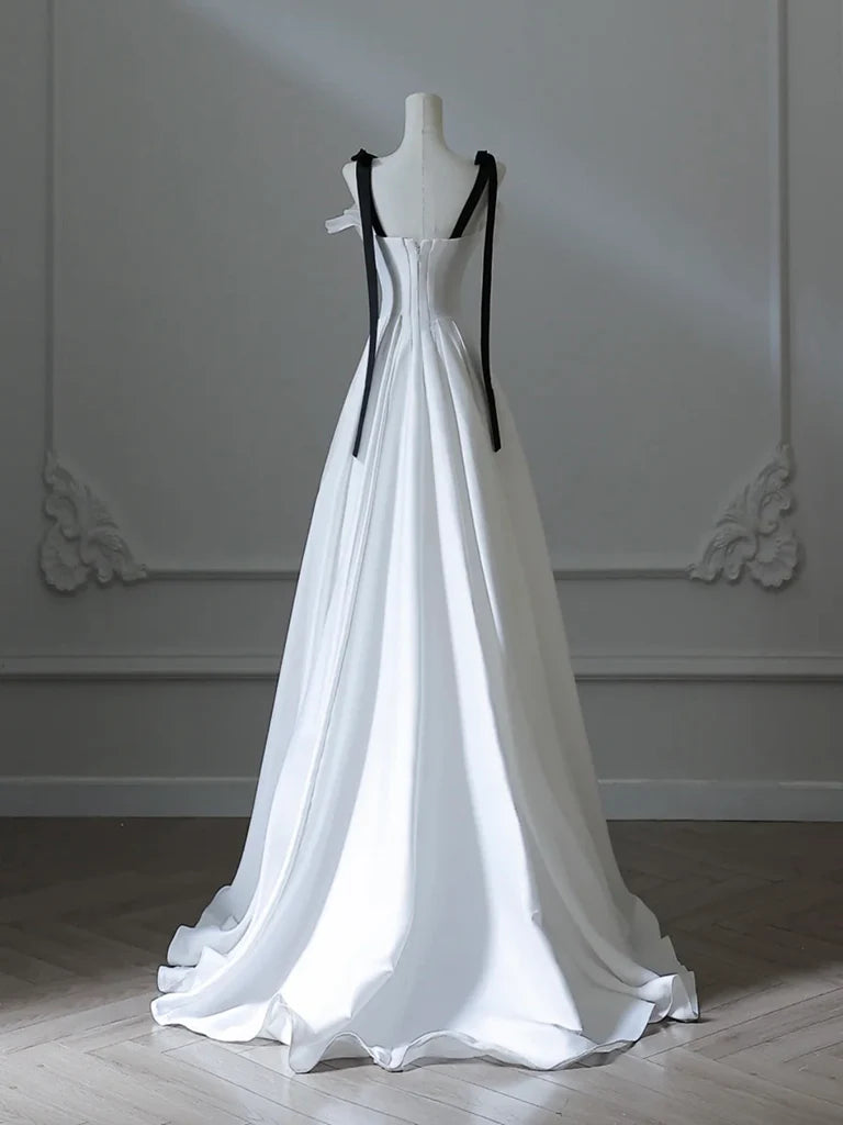 Buyishang Simple A-Line Satin White Long Prom Dress White Long Formal Dress