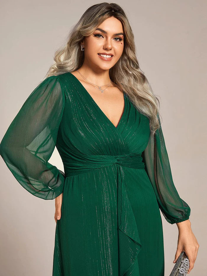 Plus Size Twist Knot Louts Leaf Long Sleeve A-Line Evening Dress With  Prom  Dresses