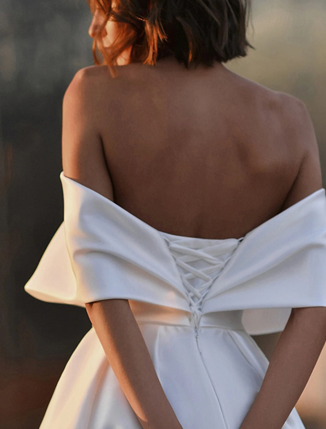 Buyishang Wedding Dresses A-Line Off Shoulder Half Sleeve Sweep / Brush Train Satin Bridal Gowns With Beading