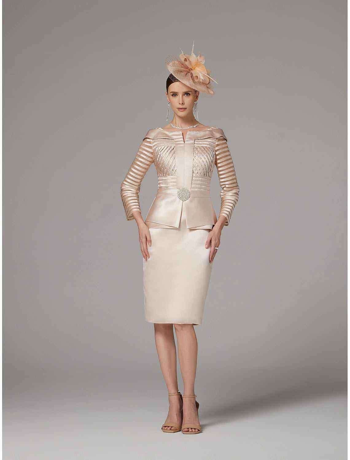 Buyishang Sheath Dress Suit Mother of the Bride Dress Elegant Vintage Plus Size Bateau Neck Knee Length Satin 3/4 Length Sleeve with Sash / Ribbon Crystals