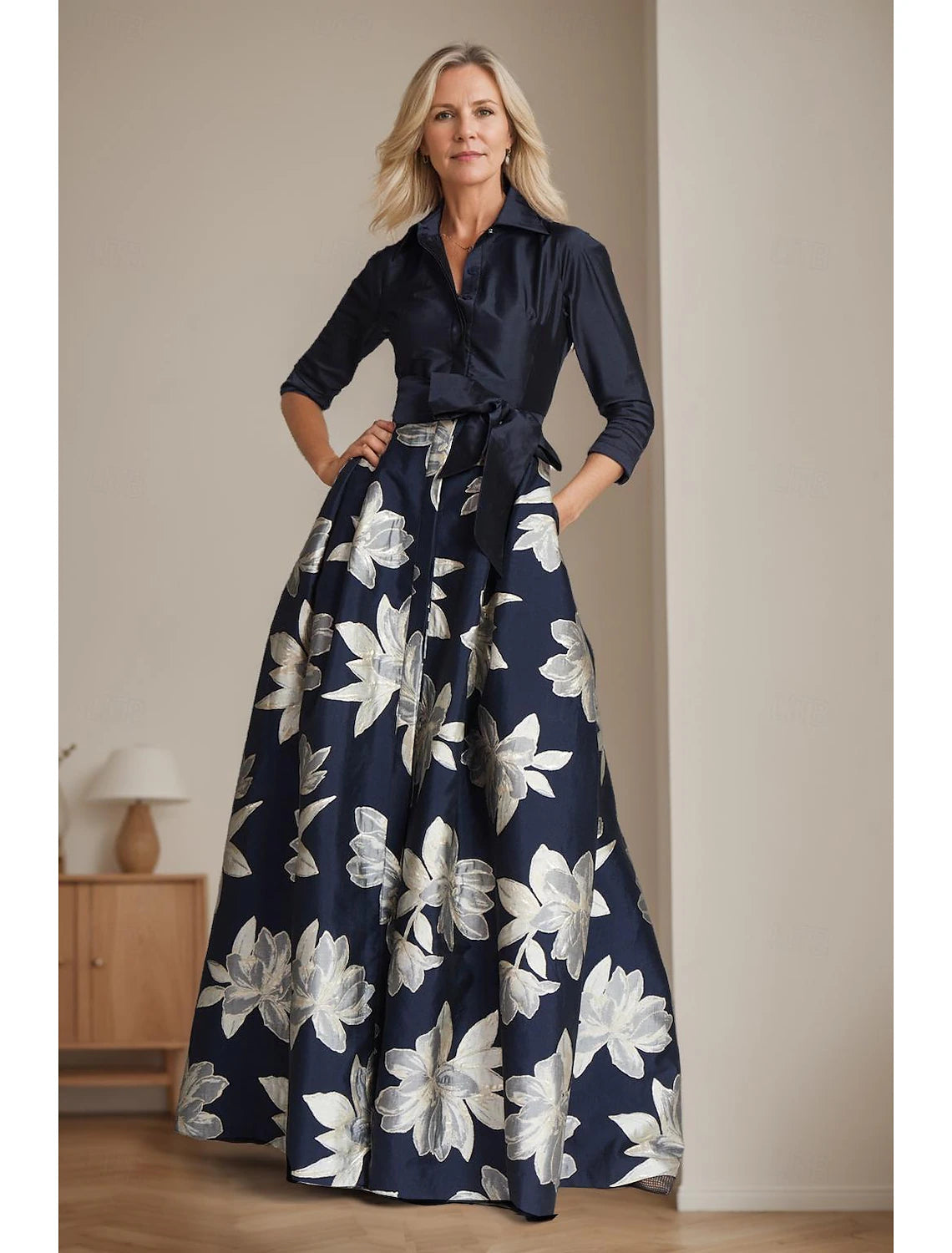 Buyishang A-Line Mother of the Bride Dress Elegant Shirt Collar Floor Length Satin 3/4 Length Sleeve with Sash / Ribbon free custom size