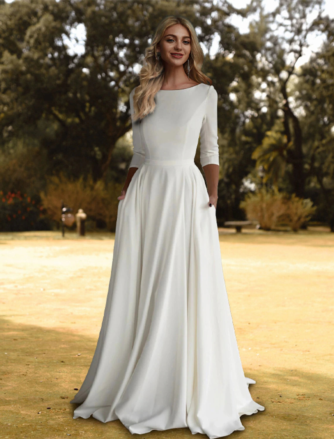 Buyishang Hall Casual Wedding Dresses A-Line Scoop Neck 3/4 Length Sleeve Sweep / Brush Train Stretch Fabric Bridal Gowns With Pleats Solid Color