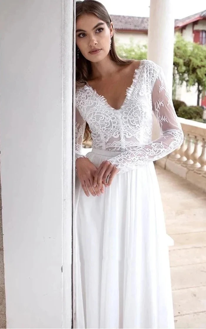 Buyishang Romantic Modern A Line Floor-length Chiffon Lace V-neck Long Sleeve Wedding Dress