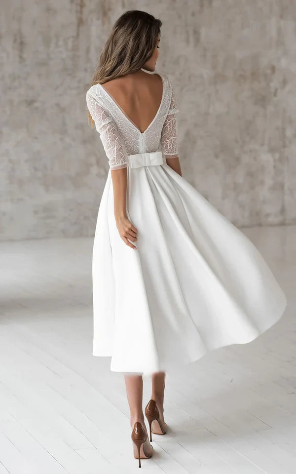 Buyishang Satin V-neck A Line Tea-length Wedding Dress with Ruching and Sash