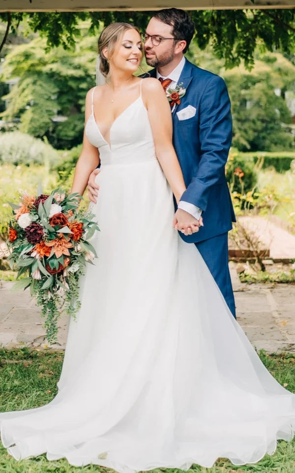 Buyishang Romantic Spaghetti V-neck A-Line Satin Wedding Dress With Open Back