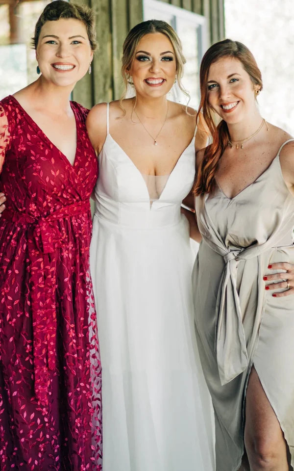 Buyishang Romantic Spaghetti V-neck A-Line Satin Wedding Dress With Open Back