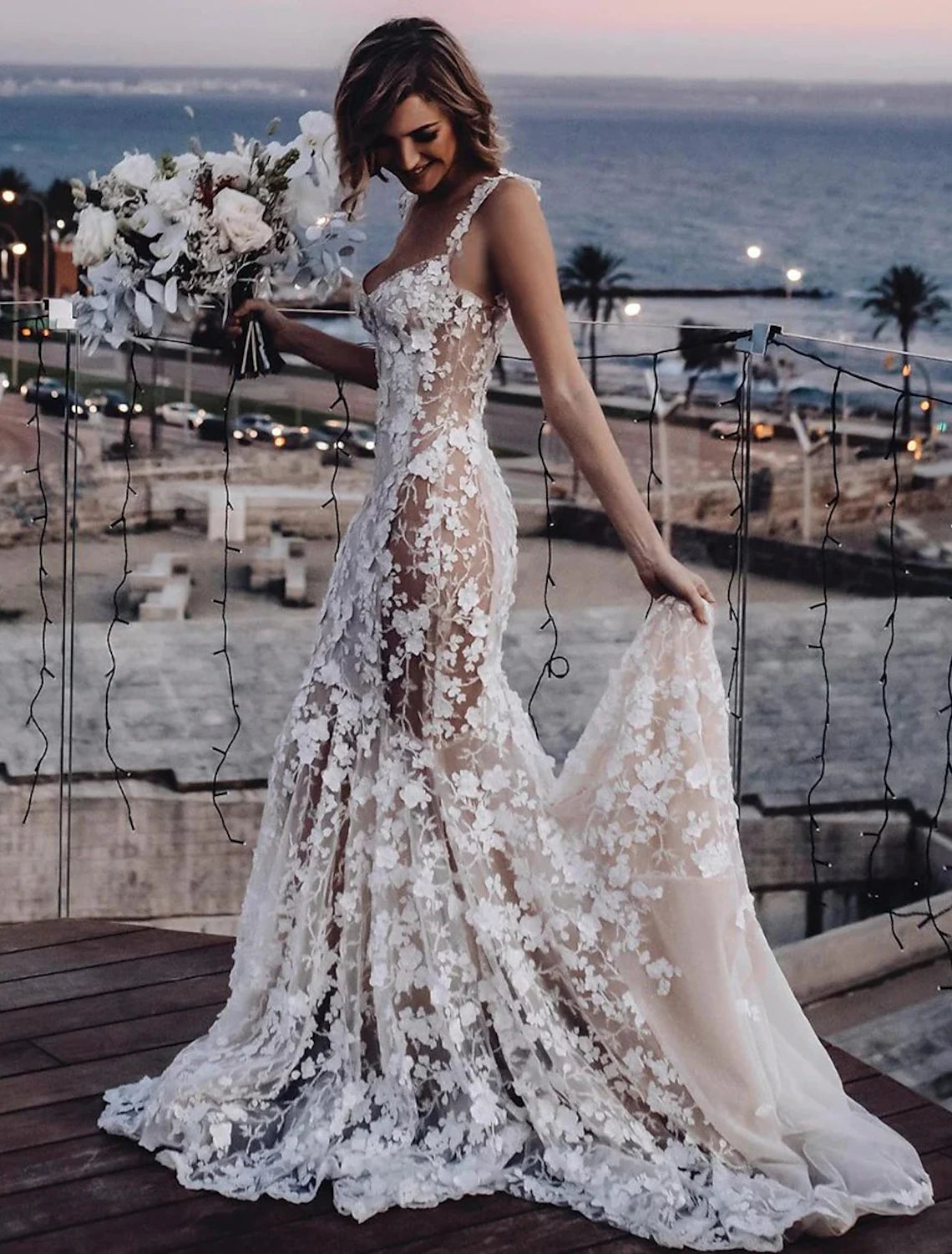 Beach Sexy Boho Wedding Dresses Mermaid / Trumpet Sweetheart Regular Straps Court Train Lace Bridal Gowns With Appliques Summer Fall Wedding Party Women's Clothing
