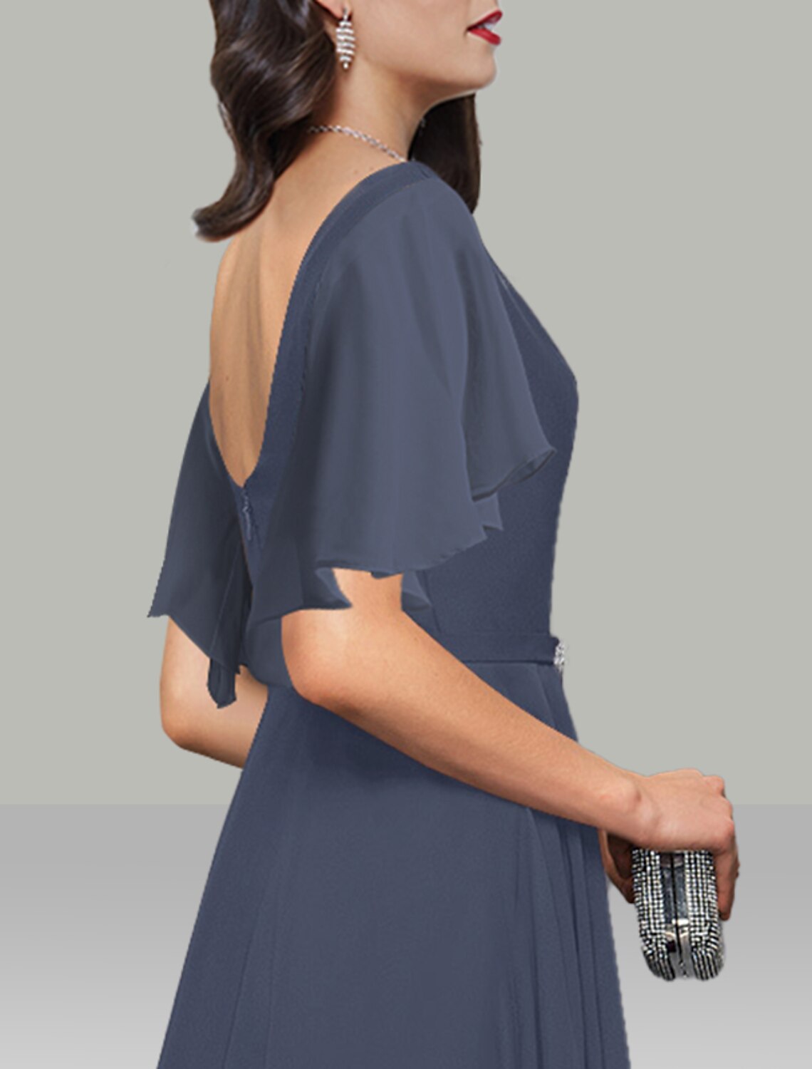 A-Line Wedding Guest Dresses Elegant Dress Cocktail Party Kentucky Derby Tea Length Short Sleeve Cowl Neck Belt / Sash Chiffon with Rhinestone