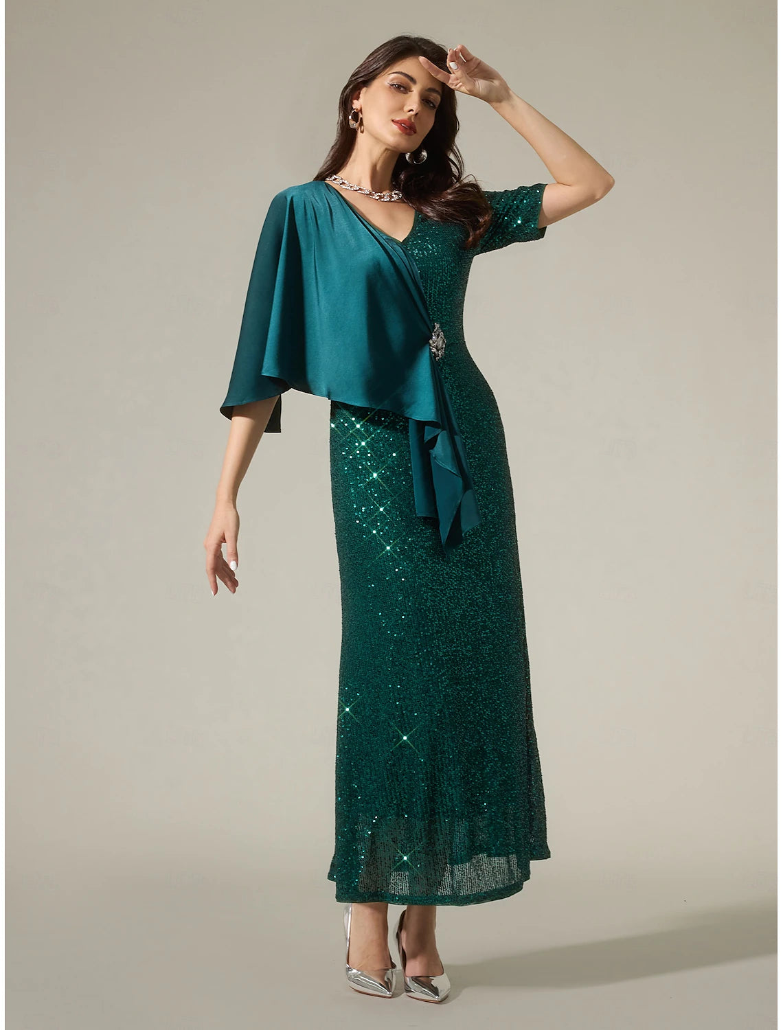 Buyishang Green Satin Sequin Sparkly Mismatched Short Sleeve Mother of the Bride Sparkly Maxi Dress dress to impress