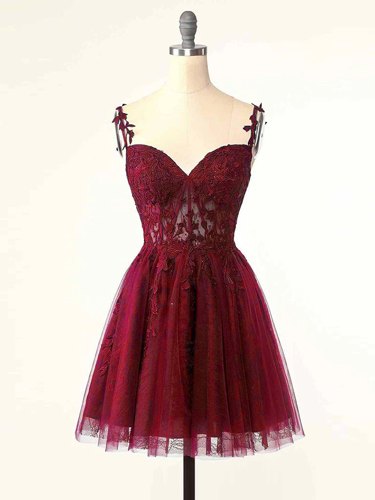Buyishang Burgundy A-Line Tulle Lace Short Prom Dress Cute Burgundy Homecoming Dress