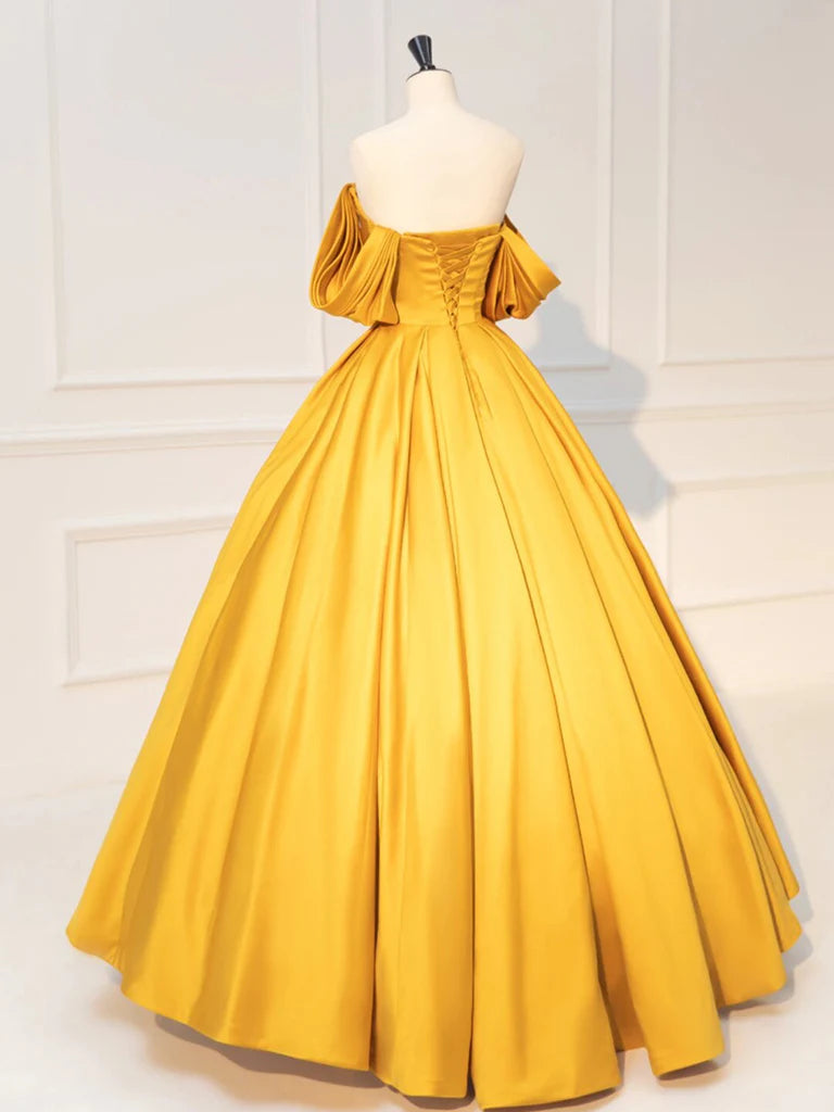 Buyishang A-Line Off Shoulder Yellow Long Prom Dress Yellow Satin Long Evening Dress