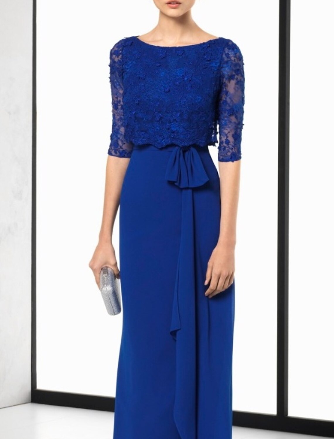 Sheath / Column Cut Out Elegant Wedding Guest Formal Evening Dress Jewel Neck Half Sleeve Floor Length Chiffon with Sash / Ribbon