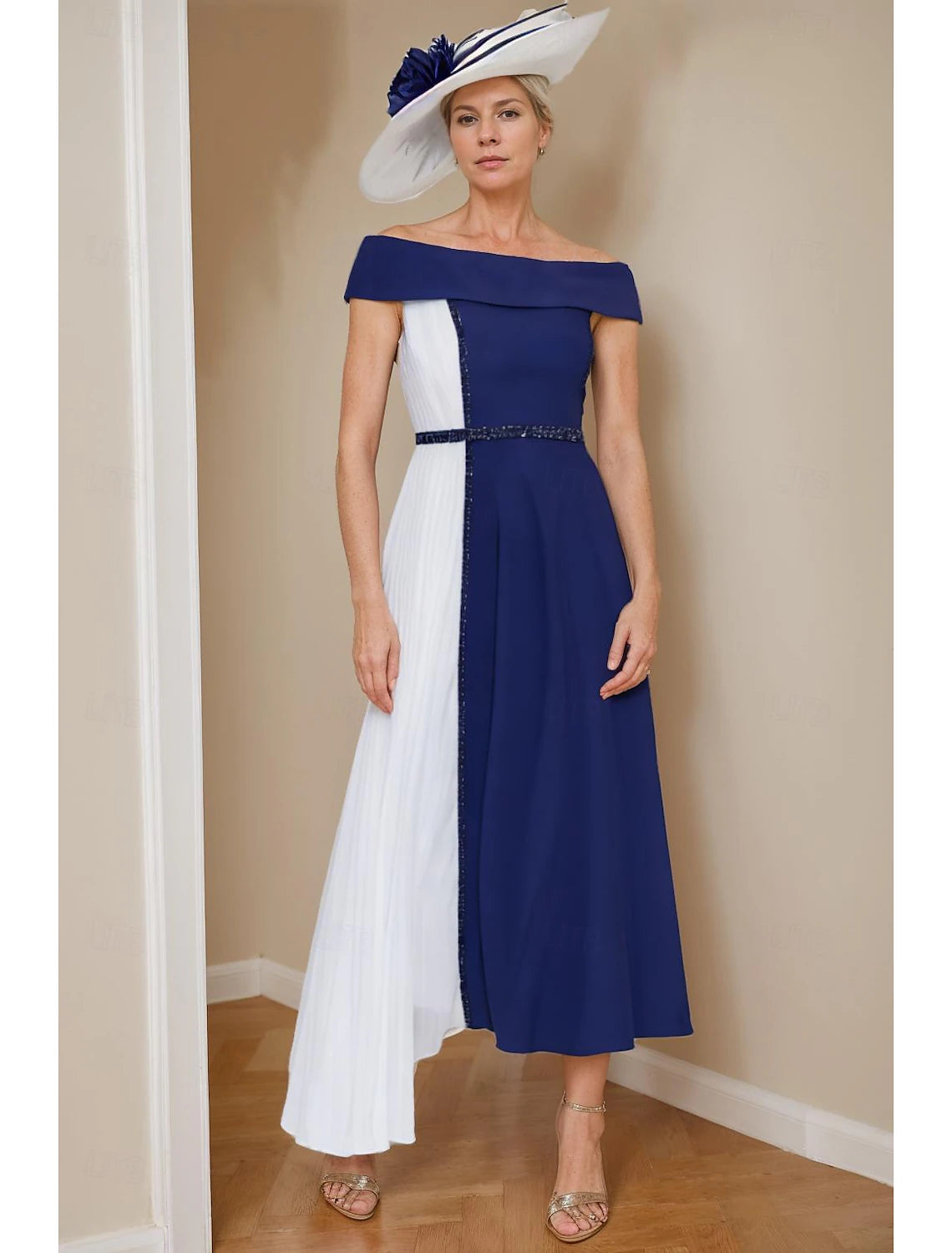 Buyishang A-Line Mother of the Bride Dress Formal Wedding Guest Elegant V Neck Tea Length Chiffon Short Sleeve with Sash / Ribbon Color Block free custom size