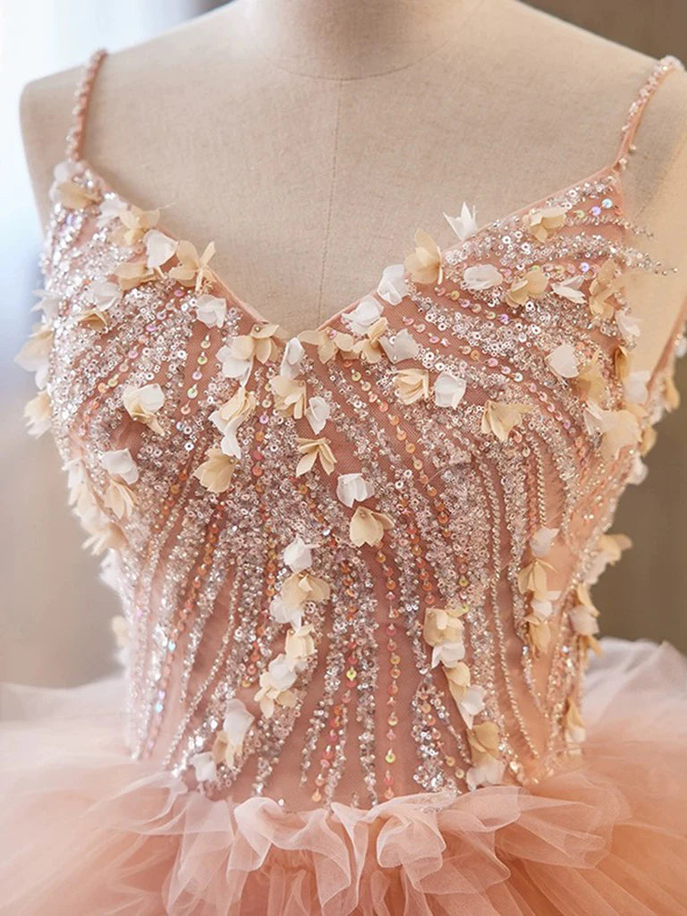 Buyishang Unique V Neck Tulle Sequin Orange Pink Long Prom Dress Orange Pink Sweet 16 Dress