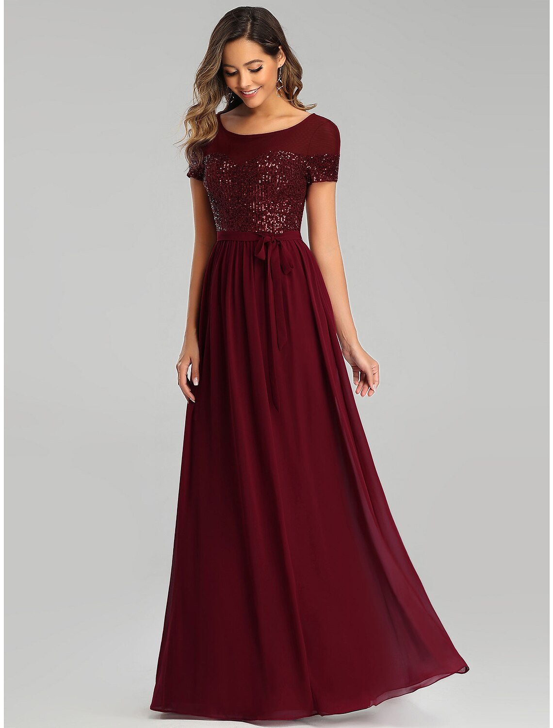 A-Line Bridesmaid Dress Jewel Neck Short Sleeve Elegant Floor Length Chiffon with Sash / Ribbon / Sequin / Sparkle & Shine