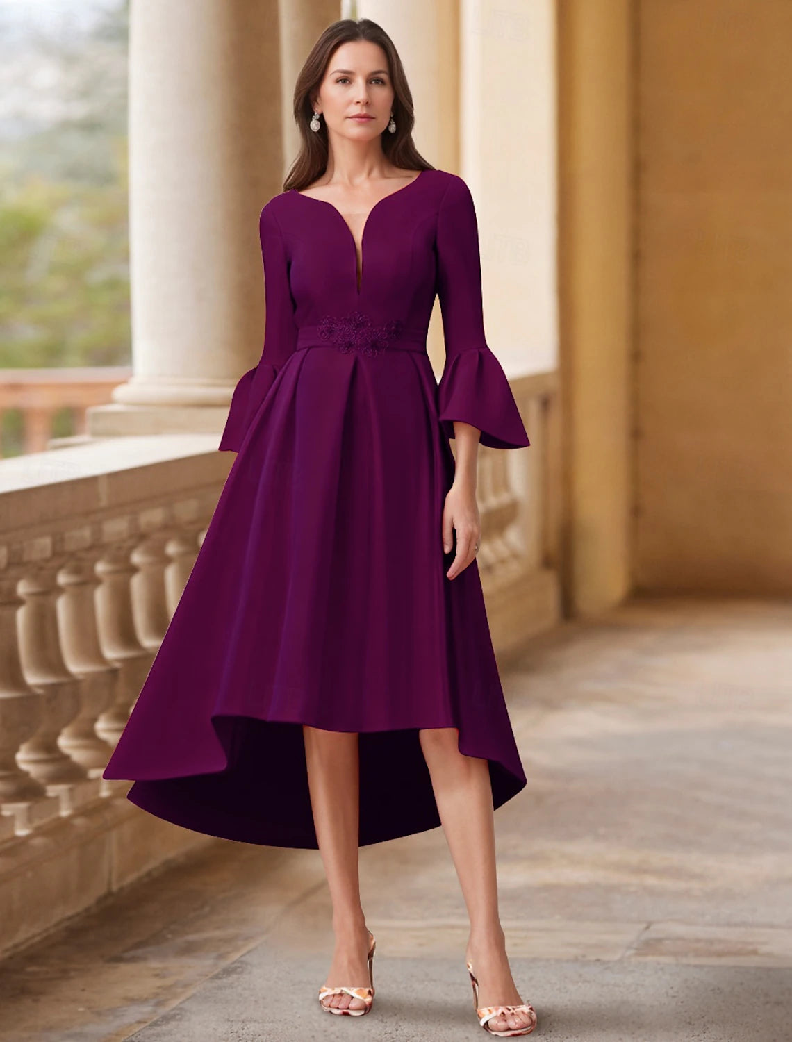 Buyishang A-Line Dress Mother of the Bride Dress Wedding Guest Elegant V Neck Asymmetrical Tea Length Satin 3/4 Length Sleeve with Pleats Solid Color
