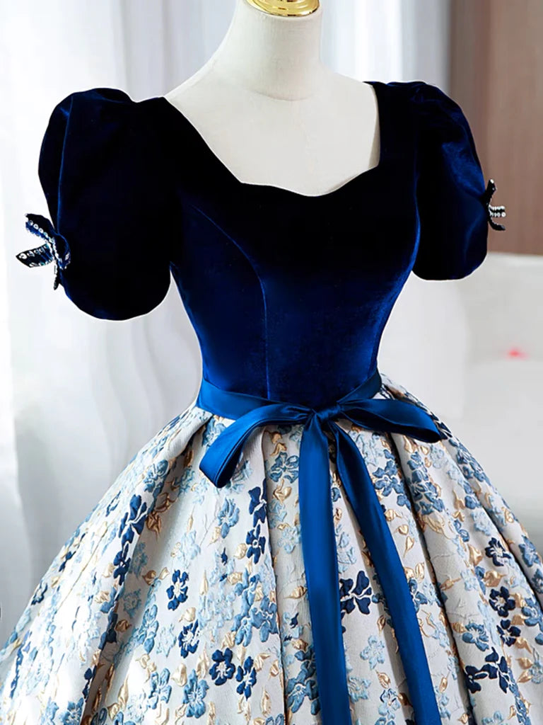 Buyishang A-Line Satin Velvet Blue Long Prom Dress Blue Long Formal Dress