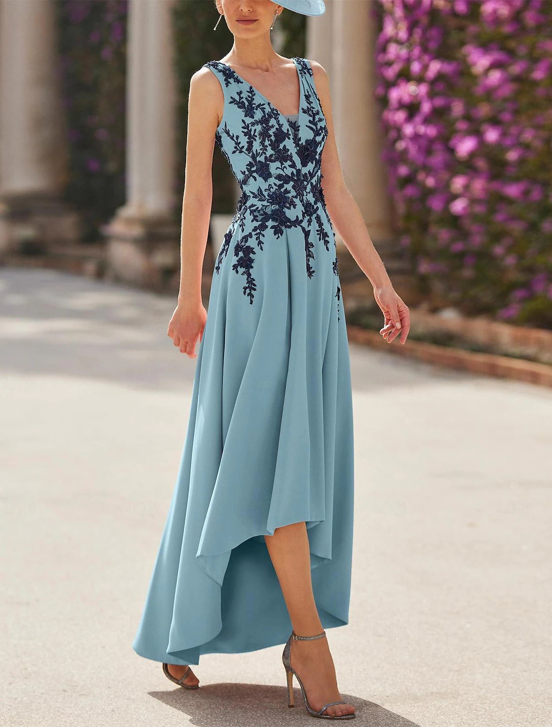 Buyishang A-Line Mother of the Bride Dress Formal Wedding Guest Elegant Vintage V Neck Asymmetrical Satin Short Sleeve with Pleats Appliques Flower free custom size