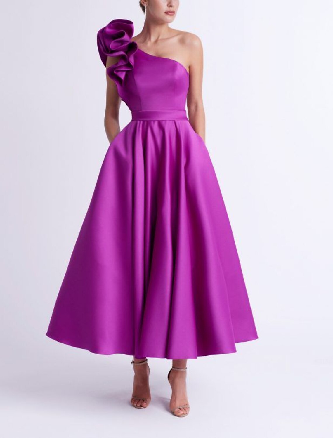 A-Line Cocktail Dresses Elegant Dress Party Wear Wedding Guest Ankle Length Sleeveless One Shoulder  Satin with Ruffles