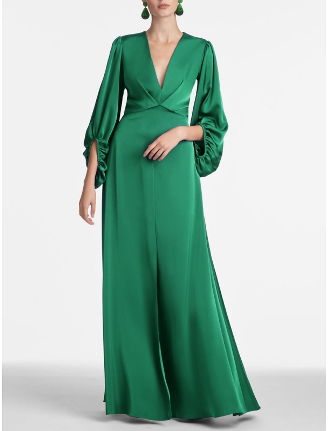 Green Satin Formal A-Line Long Sleeve Evening Gown Black Party Dress High Split Fall wedding guest Dress Floor Length V Neck with Ruched Slit