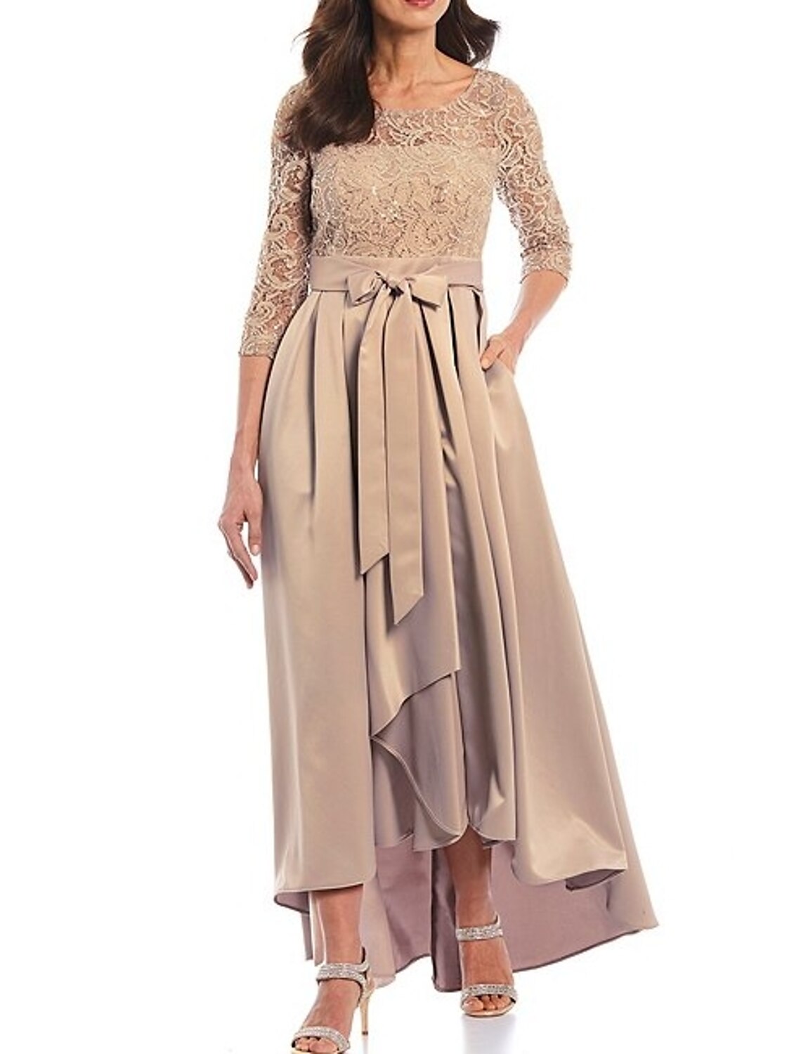 A-Line Mother of the Bride Dress Elegant High Low Jewel Neck Asymmetrical Satin Lace 3/4 Length Sleeve with Bow(s) Pleats