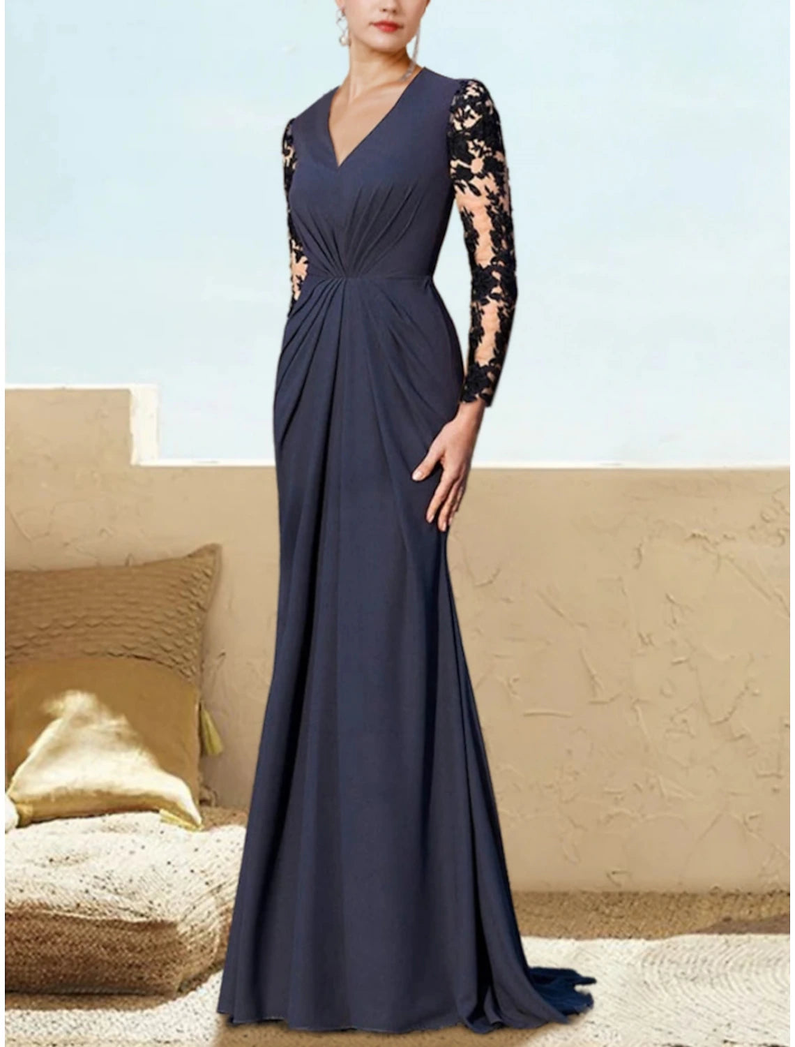 Mermaid / Trumpet Mother of the Bride Dress Wedding Guest Elegant V Neck Sweep / Brush Train Stretch Chiffon Long Sleeve with Lace Ruching