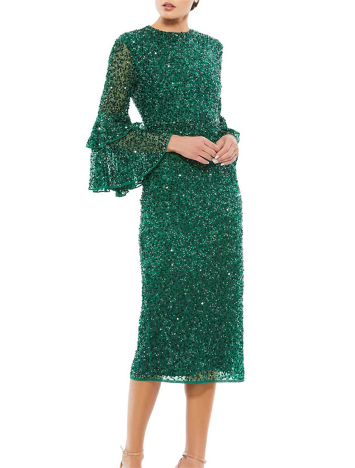Sheath / Column Cocktail Dresses Party Dress Party Wear Wedding Guest Tea Length 3/4 Length Sleeve Jewel Neck Sequined with Sequin Ruffles