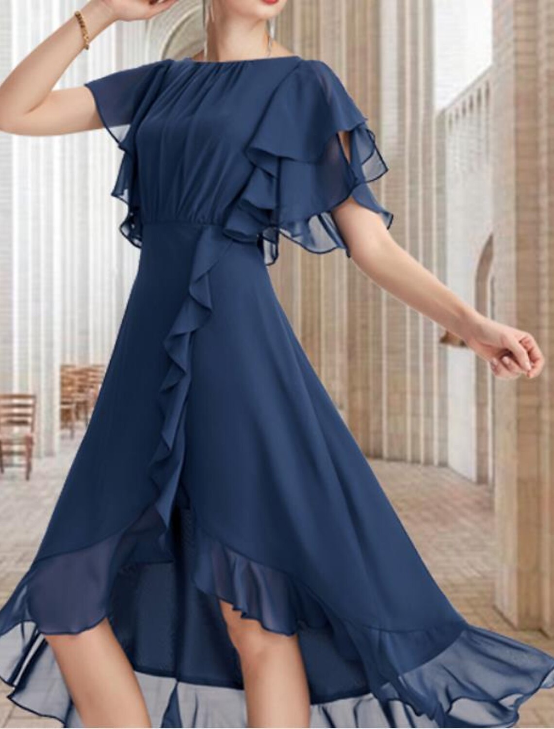 A-Line Mother of the Bride Dress Elegant High Low Jewel Neck Asymmetrical Knee Length Chiffon Short Sleeve with Ruffles