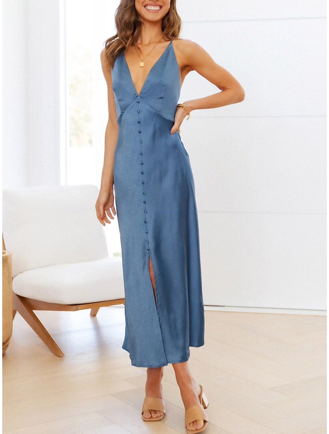 Women's Prom Dress Party Dress Wedding Guest Dress Long Dress Maxi Dress Black Light Blue Sleeveless Plain Backless Summer Spring Fall Spaghetti Strap Elegant Wedding Guest Evening Party Vacation