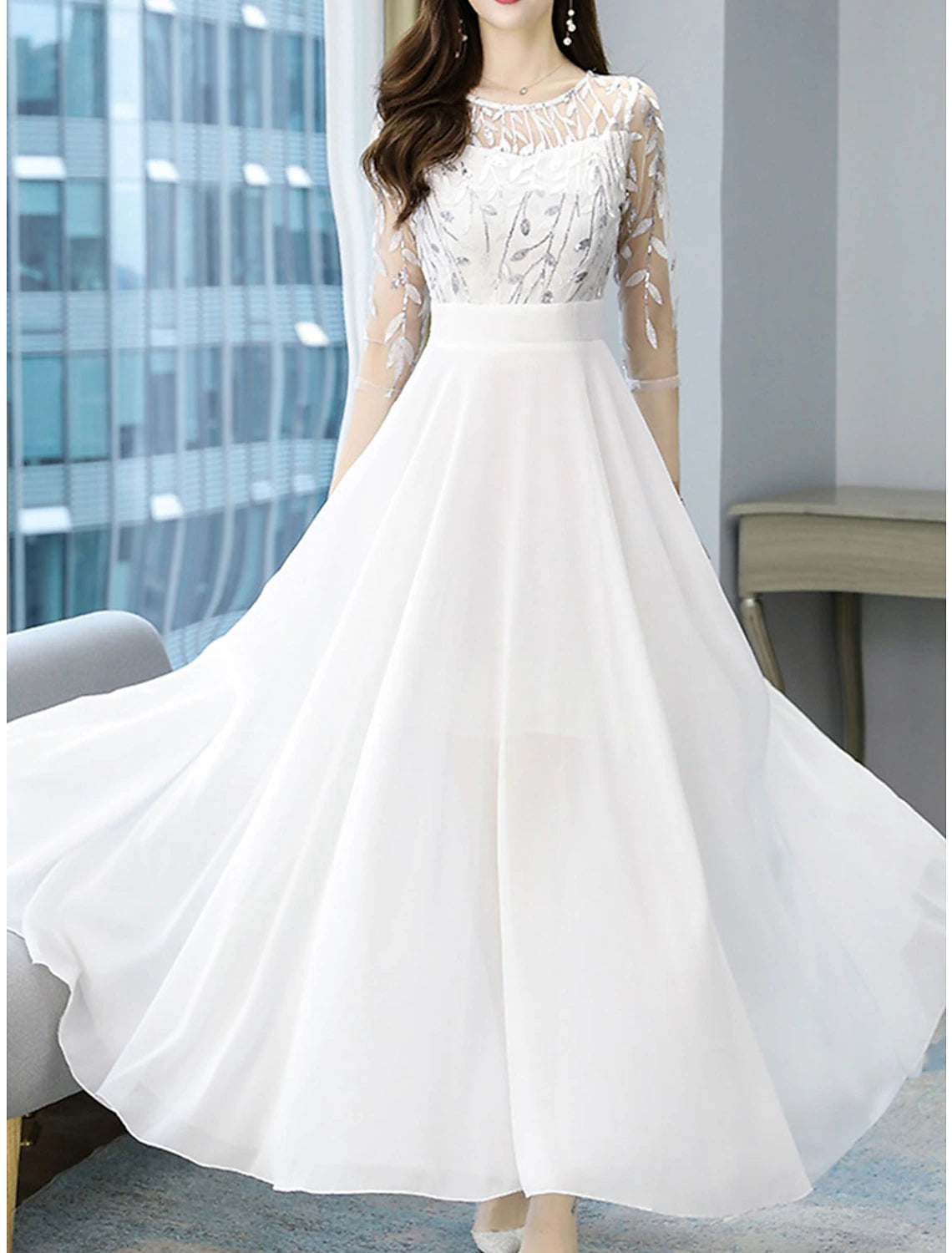 Women's Prom Dress Party Dress Sheath Dress Long Dress Maxi Dress White Yellow Red Half Sleeve Color Block Ruched Summer Spring Fall Crew Neck Fashion Birthday Evening Party Wedding Guest Slim