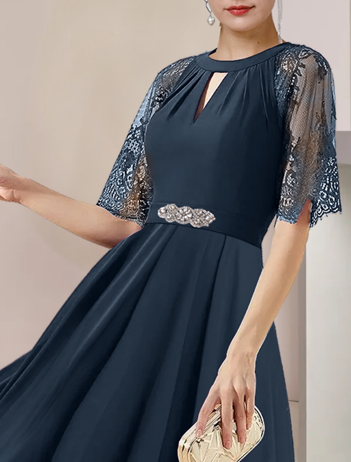 A-Line Mother of the Bride Dress Formal Wedding Guest Party Elegant High Low Scoop Neck Tea Length Chiffon Lace 3/4 Length Sleeve with Pleats Crystal Brooch