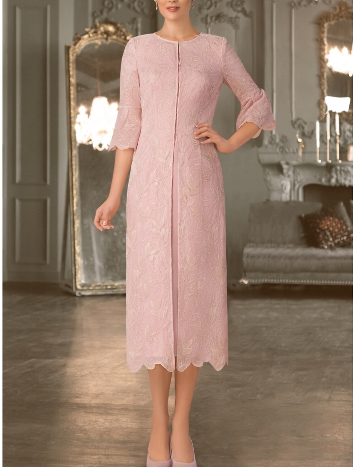 Two Piece Mother of the Bride Dress Wedding Guest Elegant Petite Jewel Neck Tea Length Chiffon Lace Half Sleeve with Ruffles Solid Color