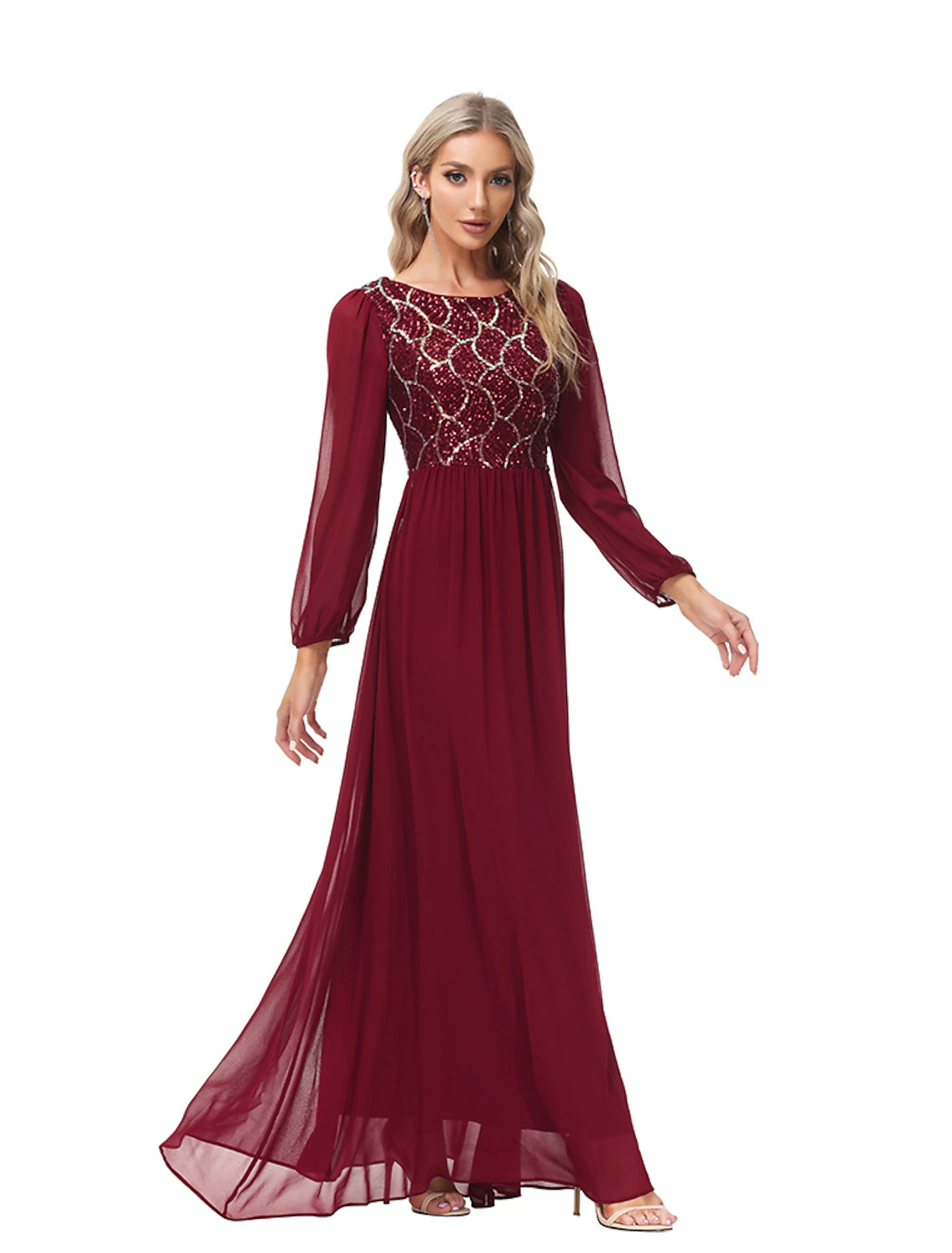 A-Line Evening Gown Empire Dress Party Wear Wedding Guest Floor Length Long Sleeve Jewel Neck Chiffon V Back with Sequin Splicing