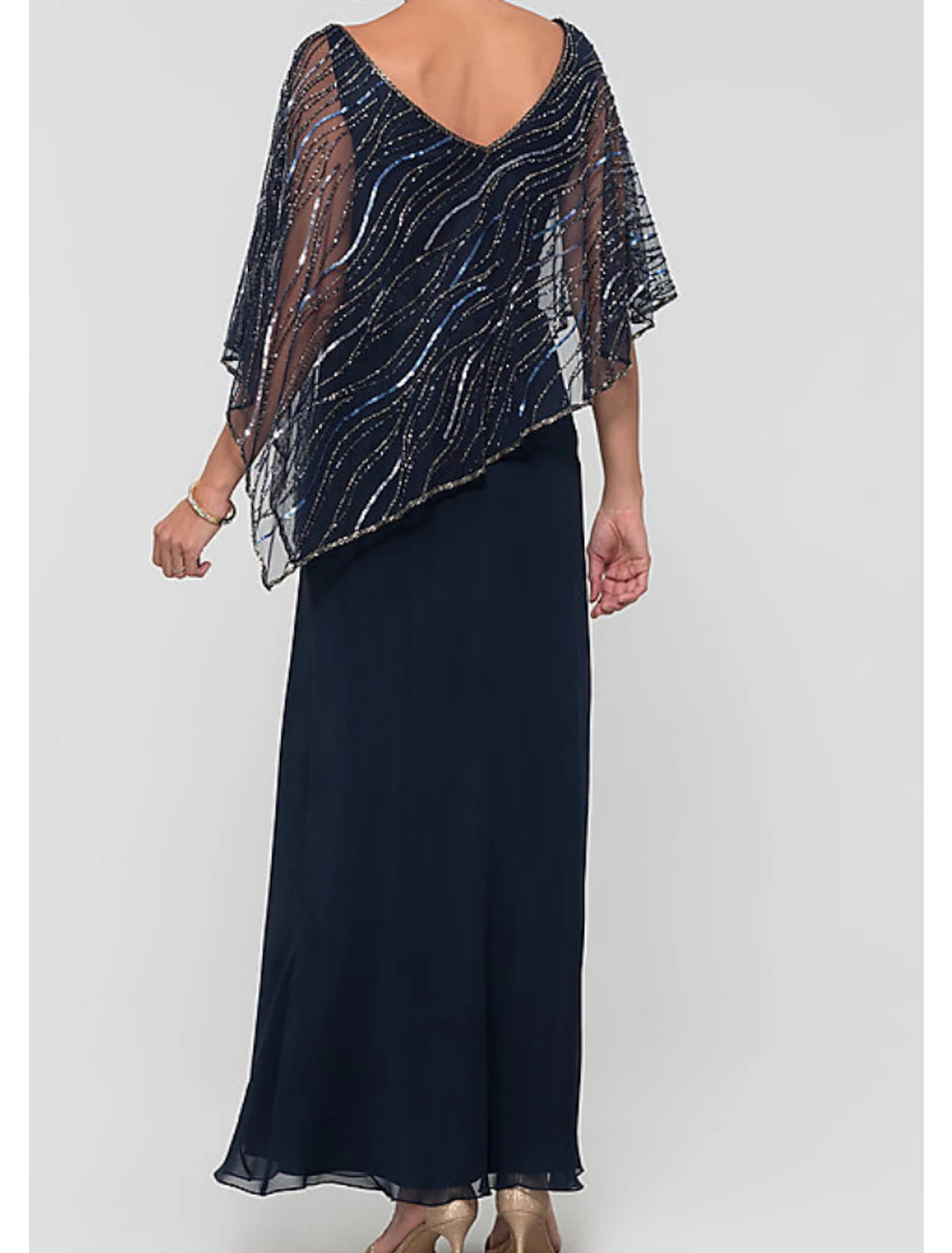 A-Line Mother of the Bride Dress Elegant & Luxurious V Neck Ankle Length Chiffon Sequined 3/4 Length Sleeve with Lace Appliques