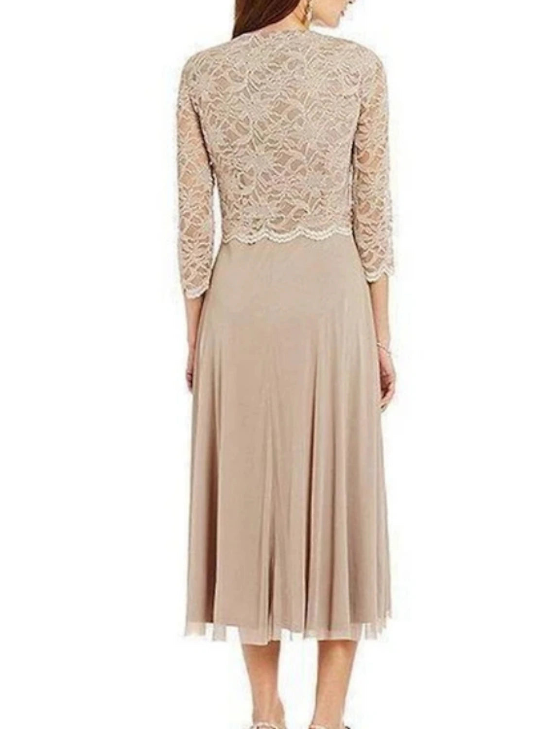 Sheath / Column Mother of the Bride Dress Elegant Jewel Neck Tea Length Chiffon Lace 3/4 Length Sleeve with Lace Sash / Ribbo