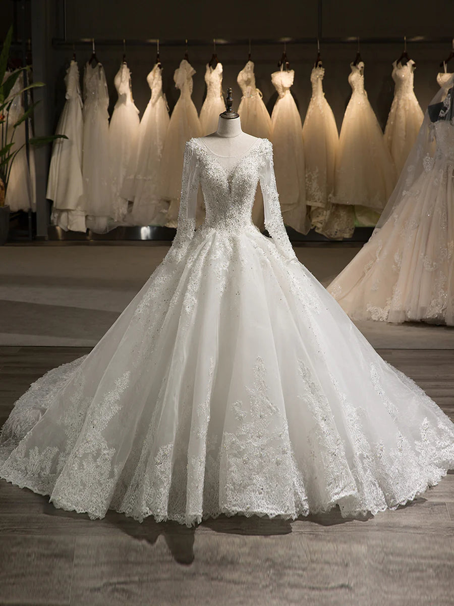 Long Sleeves Tulle Applique With Beading Chapel Train Ball Gown Wedding Dresses