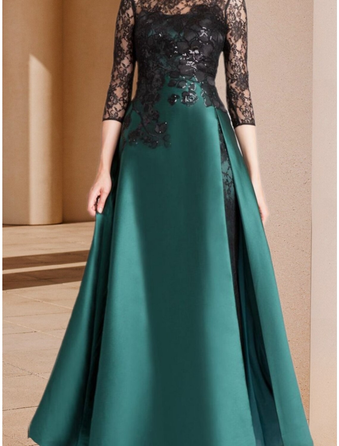 A-Line Mother of the Bride Dress Wedding Guest Elegant Scoop Neck Floor Length Satin 3/4 Length Sleeve with Lace Split Front