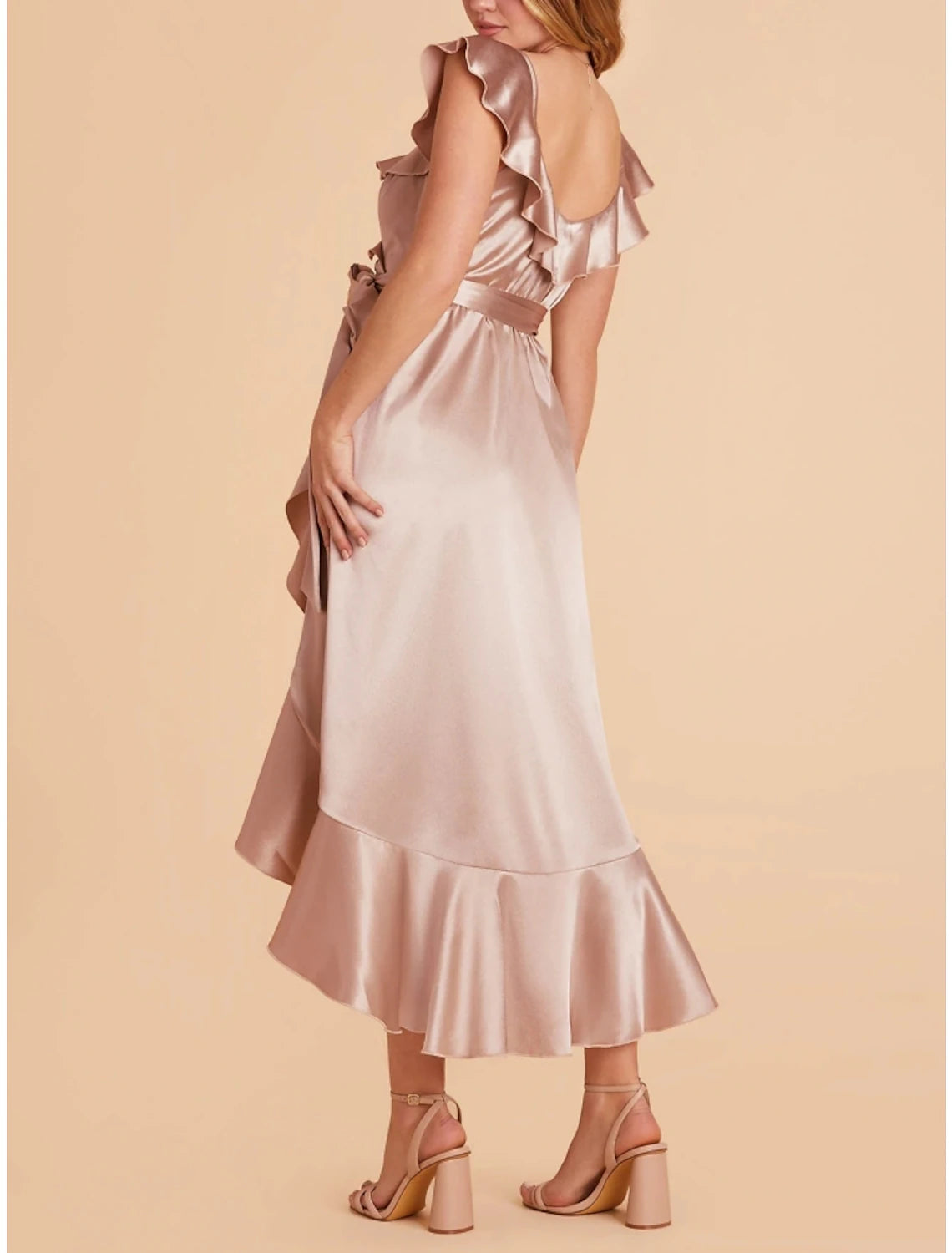 A-Line Bridesmaid Dress V Neck Short Sleeve Pink Asymmetrical Stretch Satin with Sash / Ribbon / Ruffles / Split Front