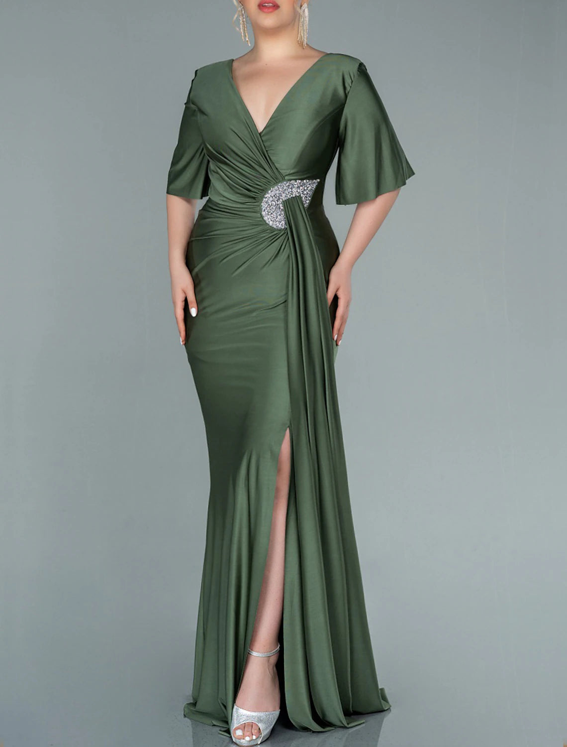 Mermaid / Trumpet Mother of the Bride Dress Wedding Guest Party Elegant V Neck Sweep / Brush Train Stretch Satin Imitated Silk Half Sleeve with Crystal Brooch Ruching