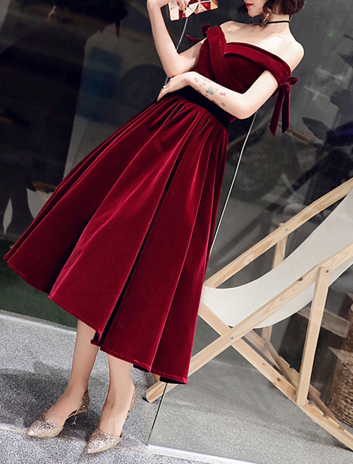 A-Line Cocktail Dresses Hot Dress Wedding Guest Cocktail Party Tea Length Short Sleeve Off Shoulder Velvet with Bow(s)
