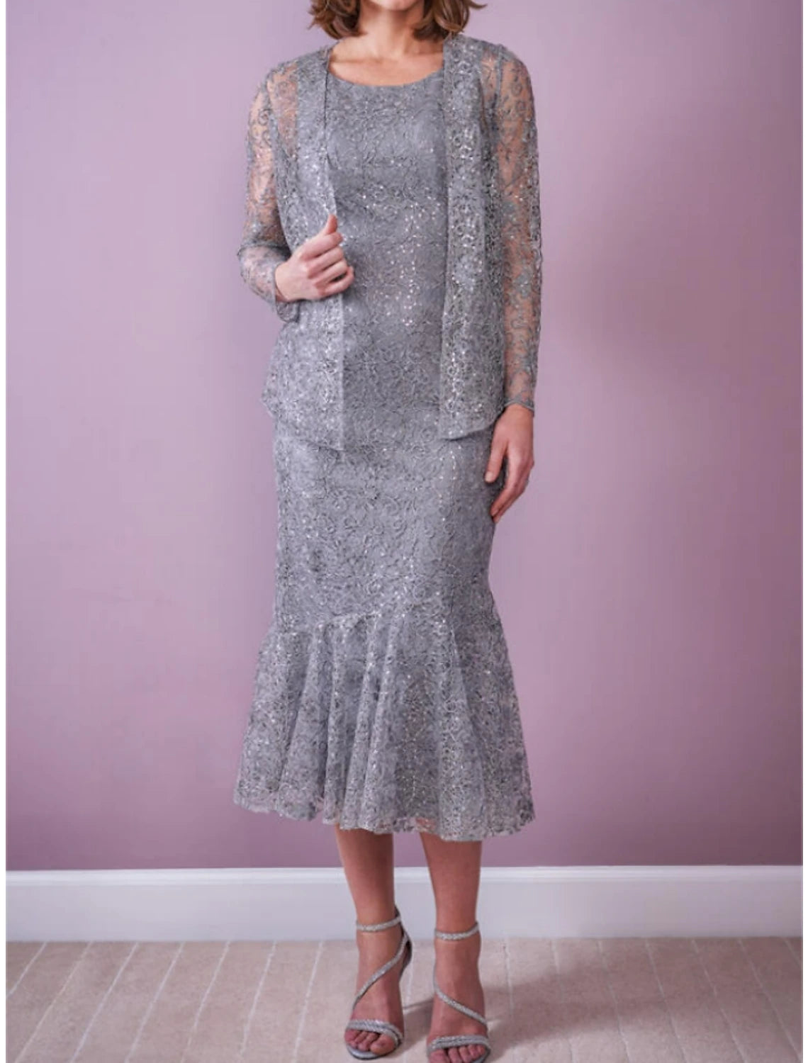 Two Piece Mother of the Bride Dress Wedding Guest Elegant Scoop Neck Tea Length Lace Long Sleeve with Sequin Ruching