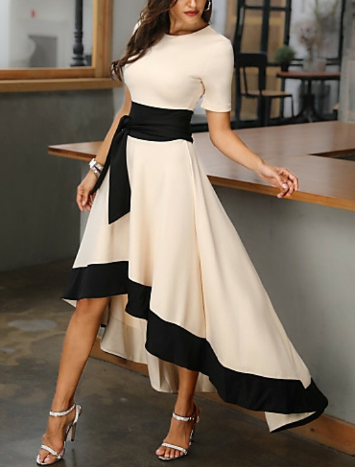 A-Line Mother of the Bride Dress Wedding Guest Plus Size High Low Jewel Neck Asymmetrical Satin Short Sleeve with Sash / Ribbon